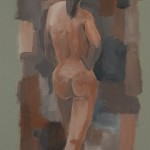 weiblicher Rückenakt vor abstraktem Hintergrund